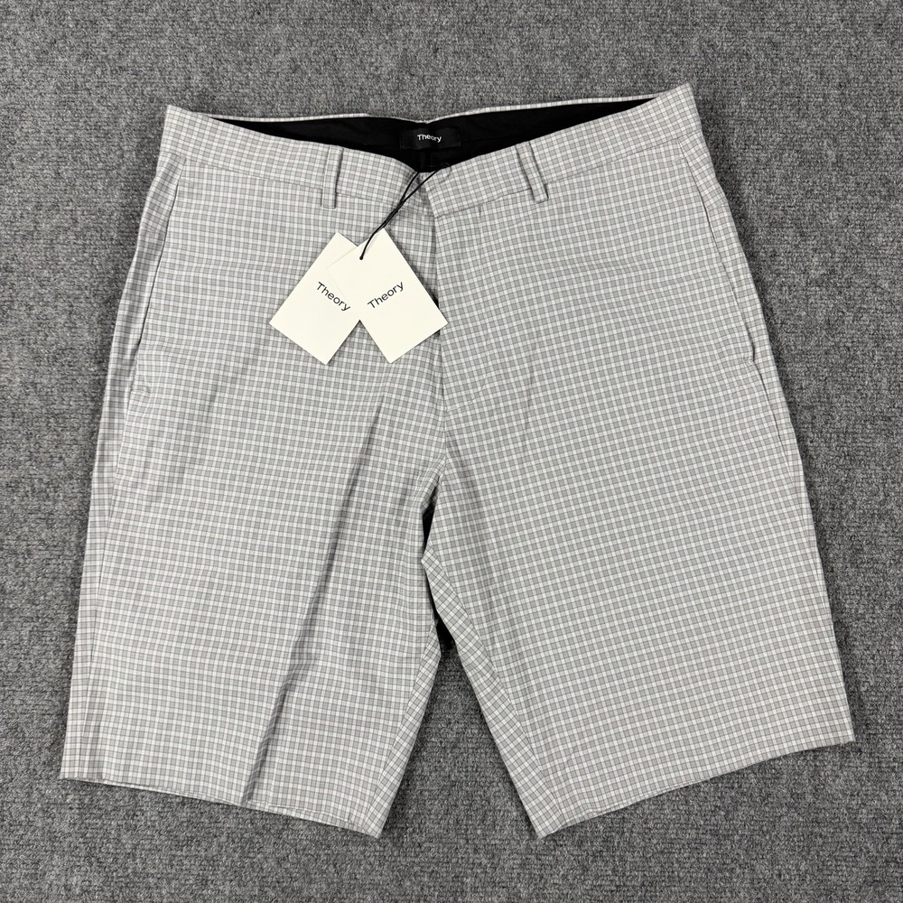 Theory Shorts Mens 32 Gray Check Plaid Beck Acres Cotton Stretch Casual NEW
